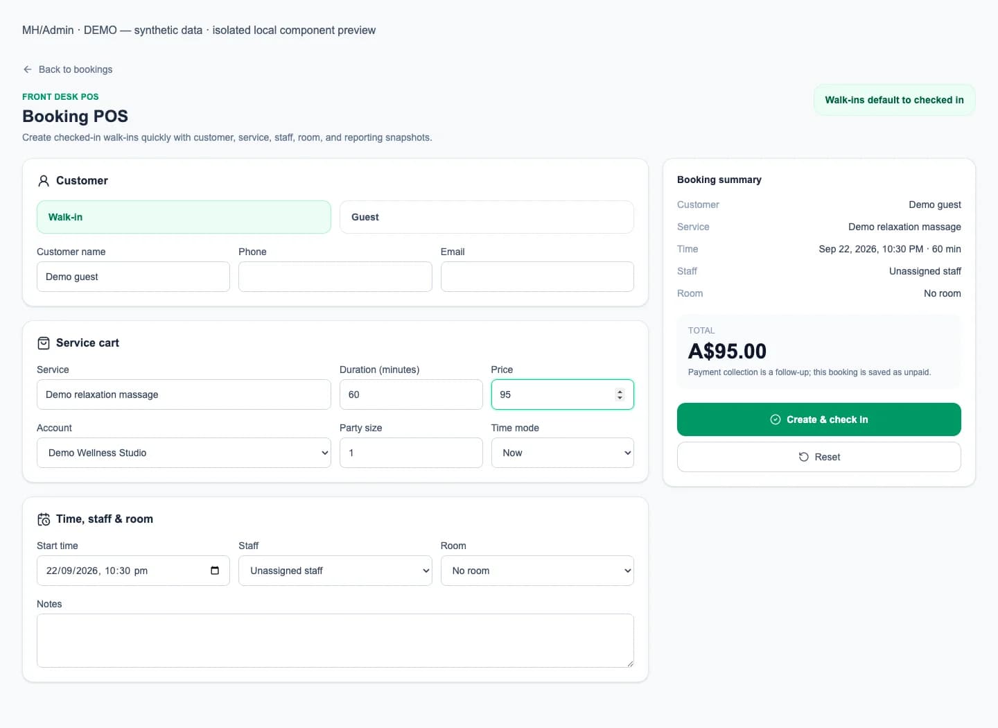 Booking entry — Actual Admin components rendered locally with synthetic demo data; not a live shop.